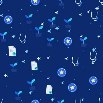 Seamless pattern with sprouts in pots, gold star badges, stethoscopes, checked Stock Illustration
