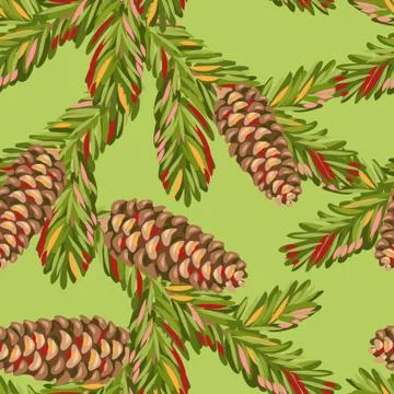 Seamless pattern with spruce branches fir cones. 스톡 일러스트