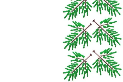 Seamless pattern of spruce twigs folded from plastic dowels and metal screws Stock Photos