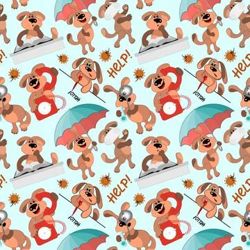 A seamless pattern on a square background - a dog in different situations - w Illustrazione stock