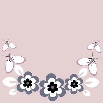 Seamless pattern on a square background - flowers and butterflies, a frame in Stock Illustration
