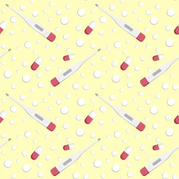 Seamless pattern on a square background - medicine. Thermometer and tablets o Stock Illustration