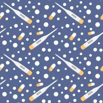 Seamless pattern on a square background - medicine. Thermometer and tablets o Stock-Illustration