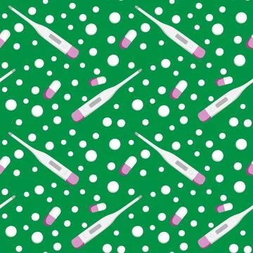 Seamless pattern on a square background - medicine. Thermometer and tablets o Stock Illustration