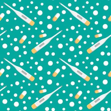 Seamless pattern on a square background - medicine. Thermometer and tablets o Illustrazione stock