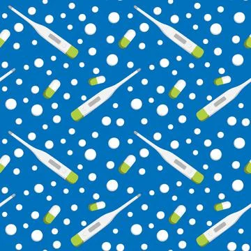 Seamless pattern on a square background - medicine. Thermometer and tablets o Illustrazione stock