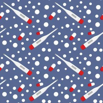 Seamless pattern on a square background - medicine. Thermometer and tablets o Stock Illustration