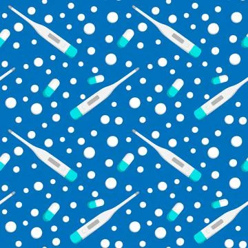 Seamless pattern on a square background - medicine. Thermometer and tablets o Illustrazione stock
