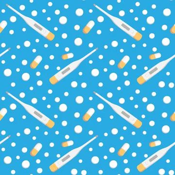 Seamless pattern on a square background - medicine. Thermometer and tablets o Stock-Illustration