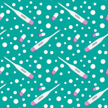 Seamless pattern on a square background - medicine. Thermometer and tablets o イラスト素材