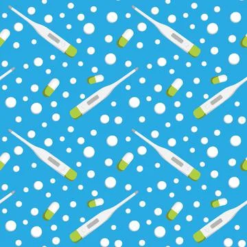 Seamless pattern on a square background - medicine. Thermometer and tablets o Illustrazione stock