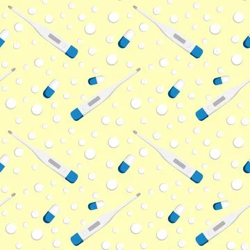 Seamless pattern on a square background - medicine. Thermometer and tablets o Stock Illustration
