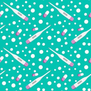 Seamless pattern on a square background - medicine. Thermometer and tablets o Stock Illustration