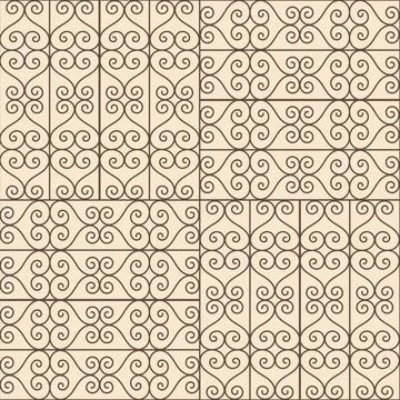 Seamless pattern of squares with a pattern of curled lines Stock Illustration