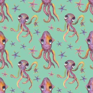 Seamless pattern. Squid and octopus on a turquoise background. Stock Illustration