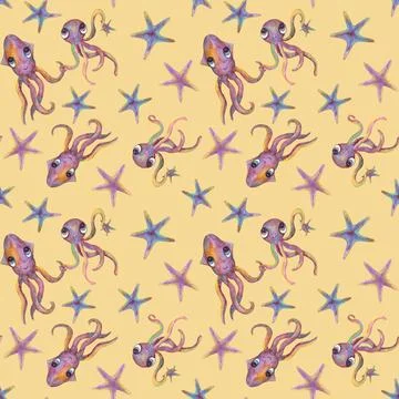 Seamless pattern. Squid and octopus on a beige background. Stock Illustration