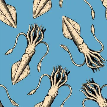 Seamless pattern with squid mollusks. Illustration in vintage line art style. Stock Illustration