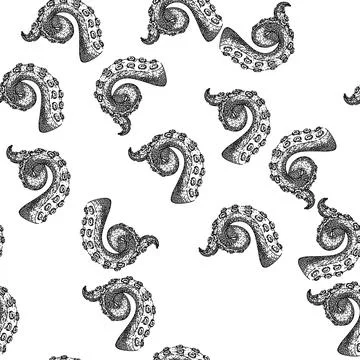 Seamless pattern squid octopus kraken tentacle sketch hand drawn Stock Illustration