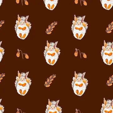 Seamless pattern with squirrel, cones and leaves painted with wax crayons Stock Illustration