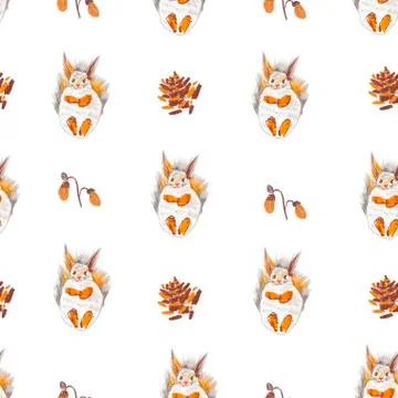 Seamless pattern with squirrel, cones and leaves painted with wax crayons Stock Illustration
