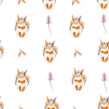 Seamless pattern with squirrel, cones and leaves painted with wax crayons Stock Illustration