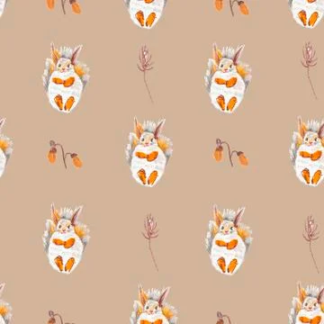 Seamless pattern with squirrel, cones and leaves painted with wax crayons Stock Illustration