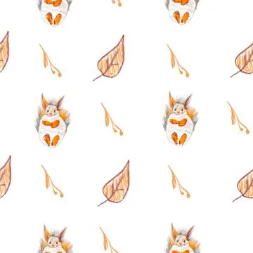 Seamless pattern with squirrel, cones and leaves painted with wax crayons Stock Illustration