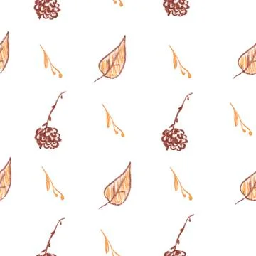 Seamless pattern with squirrel, cones and leaves painted with wax crayons Illustrazione stock
