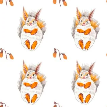 Seamless pattern with squirrel, cones and leaves painted with wax crayons Stock Illustration