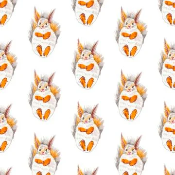 Seamless pattern with squirrel, cones and leaves painted with wax crayons Stock Illustration