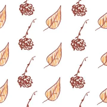 Seamless pattern with squirrel, cones and leaves painted with wax crayons Stock Illustration