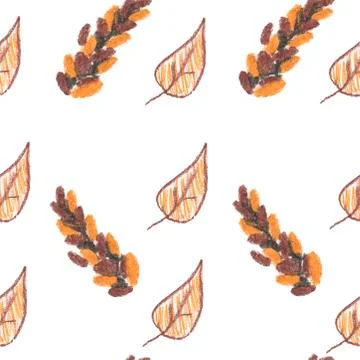 Seamless pattern with squirrel, cones and leaves painted with wax crayons Stock Illustration