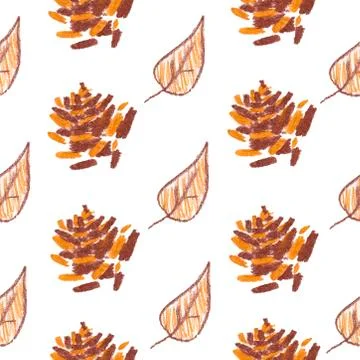 Seamless pattern with squirrel, cones and leaves painted with wax crayons Stock Illustration