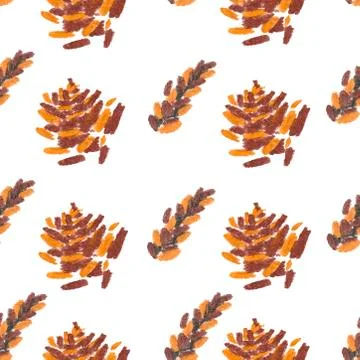 Seamless pattern with squirrel, cones and leaves painted with wax crayons Stock Illustration
