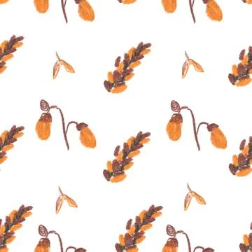 Seamless pattern with squirrel, cones and leaves painted with wax crayons Stock Illustration