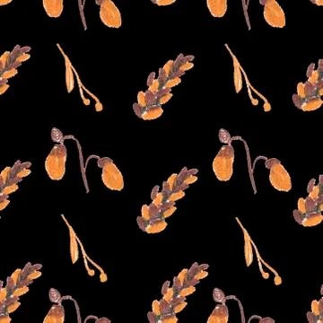 Seamless pattern with squirrel, cones and leaves painted with wax crayons Stock Illustration