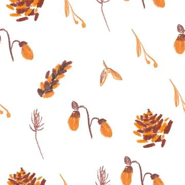 Seamless pattern with squirrel, cones and leaves painted with wax crayons Stock Illustration