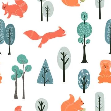 Seamless pattern. Squirrels on the background of trees, plants. Vector 库存插图