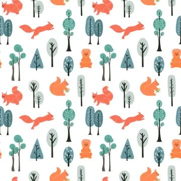 Seamless pattern. Squirrels on the background of trees, plants. Vector illust Stock Illustration