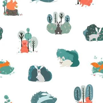 Seamless pattern. Squirrels, Hares on the background of trees, plants. Vector 스톡 일러스트
