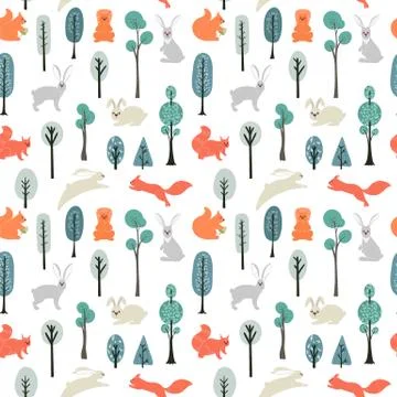 Seamless pattern. Squirrels, Hares on the background of trees, plants. Vector Illustrazione stock