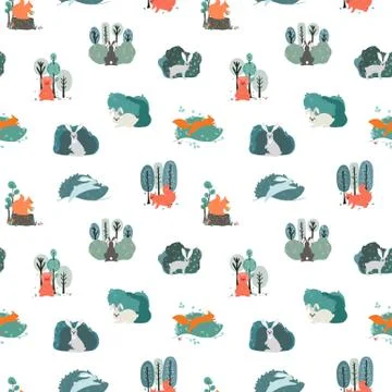 Seamless pattern. Squirrels, Hares on the background of trees, plants. Vector Illustrazione stock