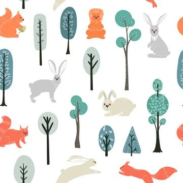 Seamless pattern. Squirrels, Hares on the background of trees, plants. Vector 스톡 일러스트