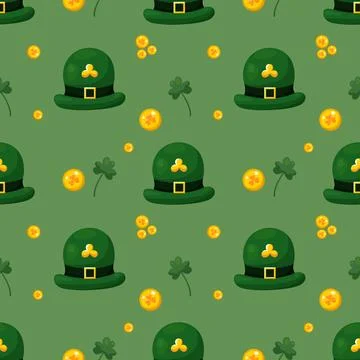 Seamless pattern for St. Patrick Day with green hats, gold coins and clover on イラスト素材