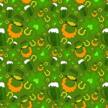 Seamless pattern of St. Patrick's Day with leprechaun hat, pot of gold, lep.. Stock Illustration