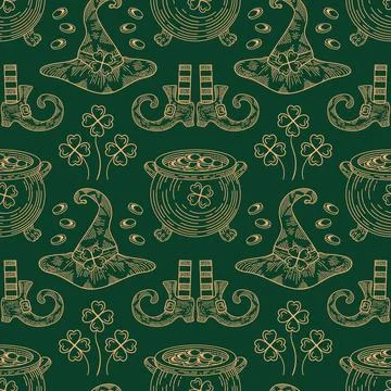 Seamless pattern of St. Patricks Day symbols. Leprechaun top hat, gold cauldron Stock Illustration