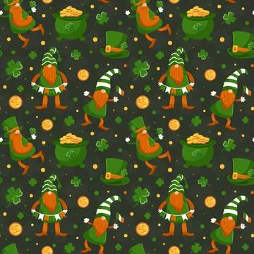 Seamless pattern of St. Patricks Day symbols. leprechauns. Cartoon characters in Stock Illustration