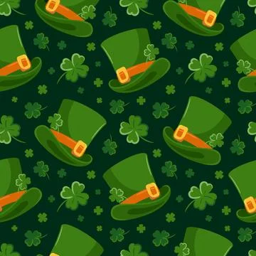 Seamless pattern of St. Patricks Day symbols. Leprechauns, top hat, Cartoon Stock Illustration