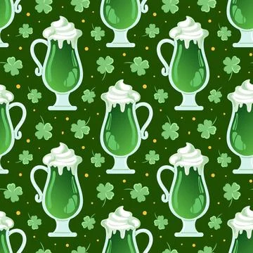 Seamless pattern of St. Patricks Day symbols. Green beer. Four-leaf clover. Good Stock Illustration