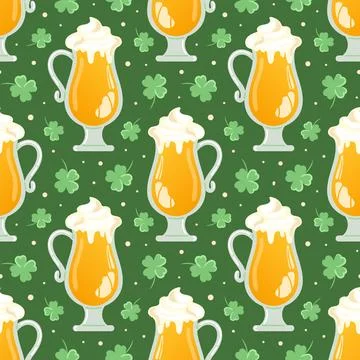 Seamless pattern of St. Patricks Day symbols. Beer, Oktoberfest. Four-leaf Stock Illustration